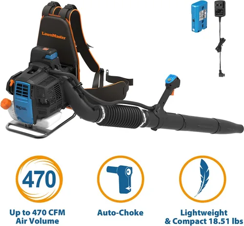 Vista 6 de LawnMaster NPTBL31AB - Soplador de hojas de mochila sin tirones, alimentado a gas con arranque eléctrico, motor de 2 ciclos de 31 cc, 470 CFM, 175