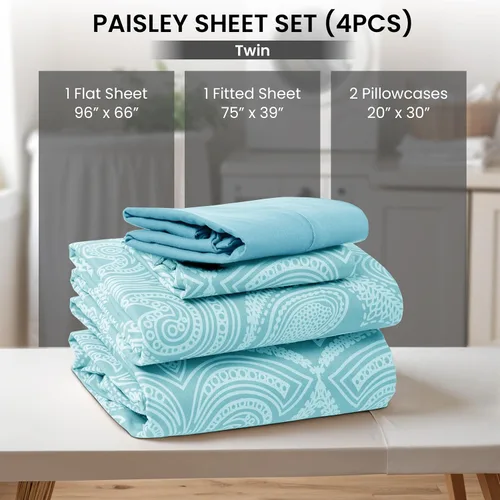 Vista 7 de LDC LUX Décor Colección - Juego de sábanas para cama de tamaño individual con estampado de cachemira – 4 piezas de sábanas de microfibra ultra