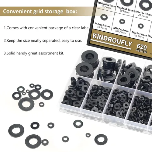 Vista 7 de 620 arandelas planas de nailon, 8 tamaños, arandelas de plástico de nailon negro, kit surtido de arandelas (M2 M2.5 M3 M4 M5 M6 M8 M10)