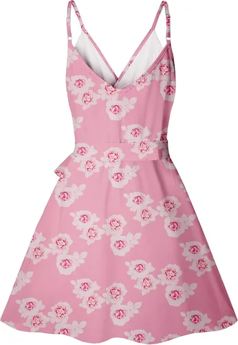 Vista 5 de CASURESS - Vestido corto de verano con cuello en V para mujer con estampado floral vuelo tirantes delgados cinturón sin mangas estilo patinadora