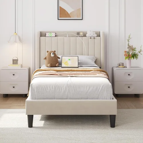 Vista 10 de Yaheetech Base de cama tamaño Queen con estación de carga USB y estante de almacenamiento/plataforma de cabecera tapizada con lado de ala/soporte