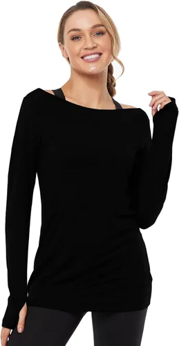 Vista 3 de Muzniuer Camisas de entrenamiento de manga larga, hombros descubiertos, manga larga, yoga, deportes, camiseta deportiva con agujero para el pulgar