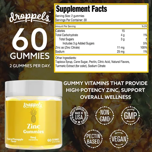 Vista 6 de Droppels Gomitas de citrato de zinc de 11 mg – Apoyo inmunológico y suplemento para la salud de la piel Veganas, a base de plantas, sin gluten