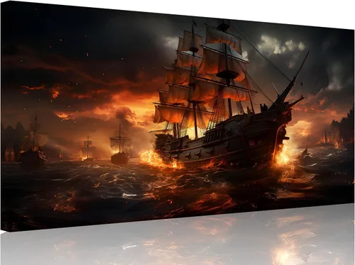 Vista 23 de TutuBeer 3 Piezas Arte de Pared Batalla Naval Barco Imagen Barco Pirata Velero Póster Barco Pirata Azul en Llamas Imagen Impresa en Lienzo Póster