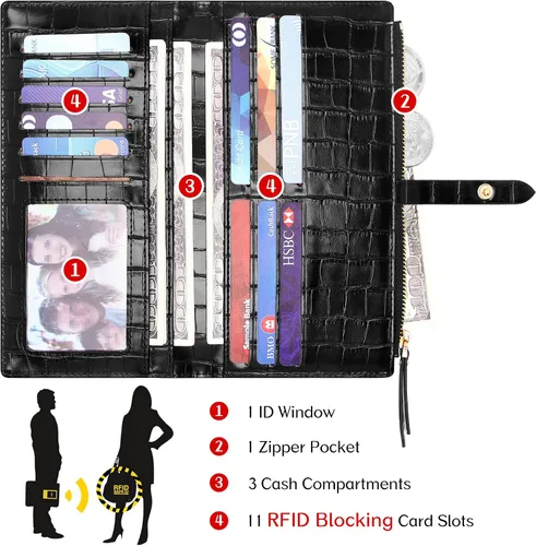 Vista 3 de YOUBDM Billeteras delgadas para mujer, tarjetero RFID plegable con bolsillo con cremallera, Negro 1