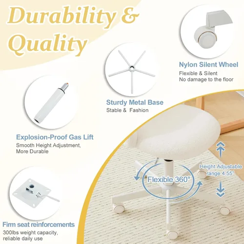 Vista 5 de VINGLI Silla de tocador moderna con respaldo, silla de escritorio de terciopelo para niñas, silla de oficina pequeña con ruedas silenciosas, Blanco