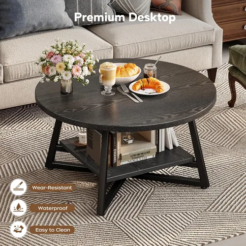 Vista 6 de Mesa de café para sala de estar, Mesa de café redonda, Mesa de café pequeña circular con almacenamiento, Mesa de centro redonda moderna de madera