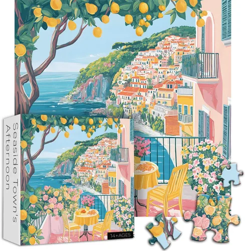 Vista 2 de Italy Cinque Terre Puzzle Puzzles for Adults 1000 Pieces, Colorful Beach Puzzle with Flower, Summer Ocean Scenery Art, Italian Seaside Landscape