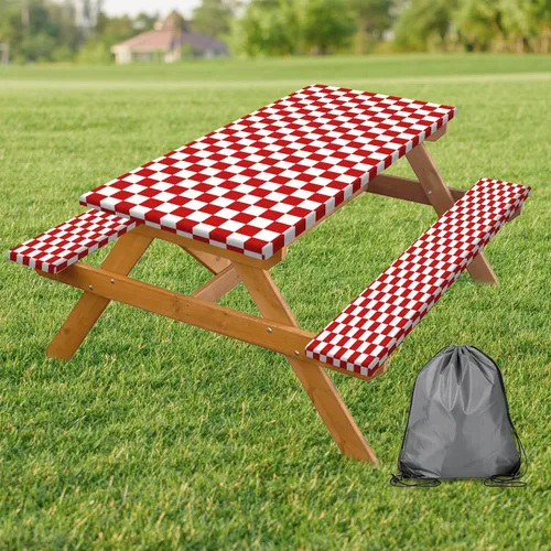 Vista 11 de Funda para Mesa de Picnic con Fundas para Bancos y Bolsa, Campista de Madera Impermeable Resistente al Viento, Cubierta de Mantel Ajustada con Borde