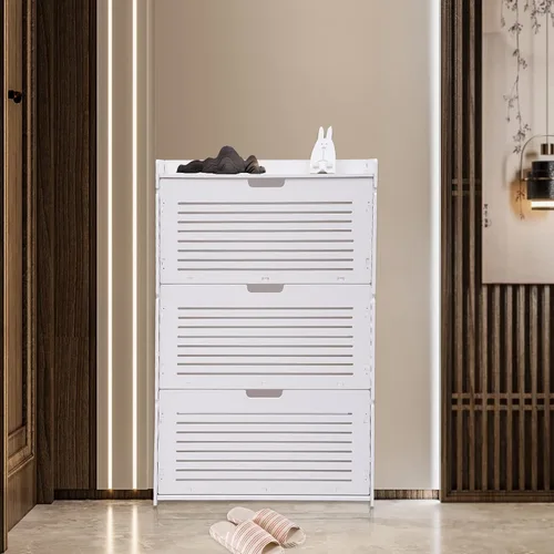 Vista 9 de DYRABREST Zapatero blanco de 3 capas organizador de zapatos con 3 cajones abatibles, moderno armario de almacenamiento de zapatos ultrafino