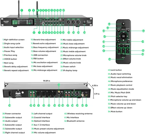Vista 15 de AX-666 Mezclador Profesional de Karaoke Procesador KTV con Micrófonos Inalámbricos Duales, Sistema de Procesador de Efectos de Audio Vocal de Efecto