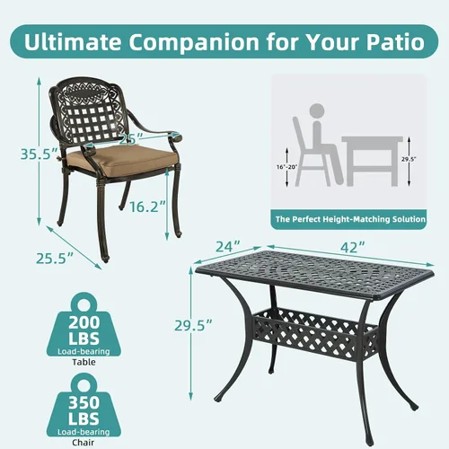 Vista 6 de MEETWARM Juego de 3 piezas de muebles de comedor de aluminio fundido para todo tipo de clima, incluye 2 sillas acolchadas y una mesa rectangular