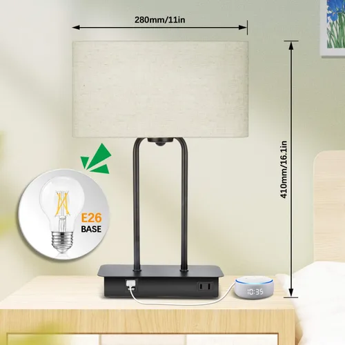 Vista 5 de Lámpara de mesa con control táctil regulable en 3 vías con 2 puertos USB y toma de corriente AC, lámpara moderna de mesita de noche con pantalla