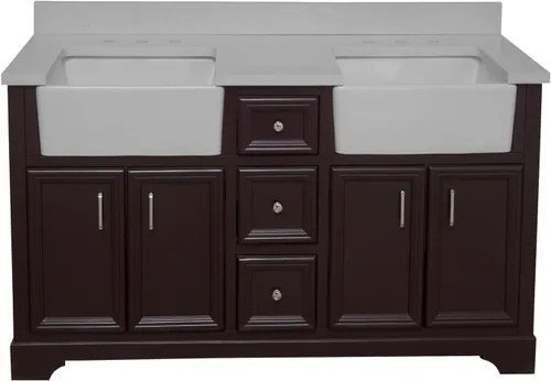 Vista 6 de Kitchen Bath Collection Zelda - Mueble de granja doble de 60 pulgadas (cuarzo/chocolate): incluye gabinete de chocolate con impresionante encimera