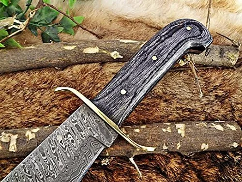 Vista 3 de Cuchillo Bowie de caza de acero de Damasco forjado a mano de 15 pulgadas, madera de dólar negro de 2 tonos con protector de dedo de latón, funda