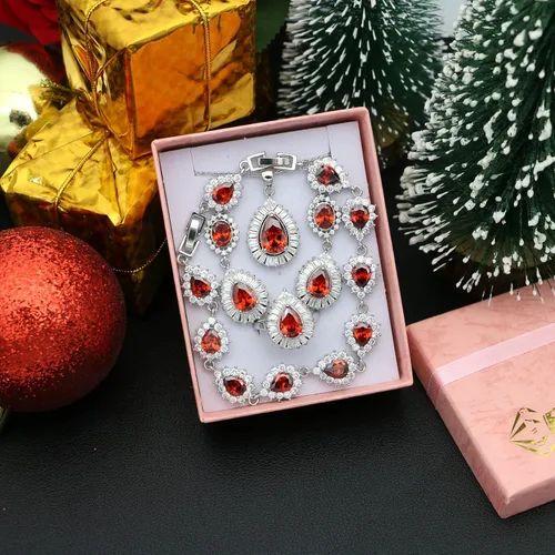 Vista 4 de GZWHD Juego de joyas brillantes para mujer, aretes de lágrima, collar, pulsera, anillo abierto, joyería de boda para novia y damas de honor, día