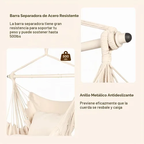 Vista 4 de Highwild Silla hamaca colgante con cuerda – Máximo 500 libras – 2 cojines incluidos – Barra separadora de acero con anillos antideslizantes