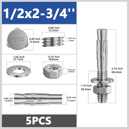 Vista 3 de Wensilon 5 piezas sujetadores estándar de 1/2x2-3/4 pulgadas, anclajes de cuña de acero inoxidable 304 para servicio pesado para cemento y hormigón