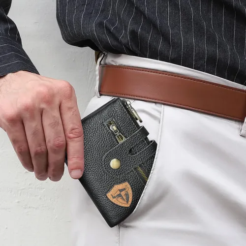 Vista 7 de Handadsume Genuino caballo loco cuero viaje regalo moneda bolsillo tarjeta caso largo organizador cadena Rfid monedero con broche para hombres