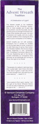 Vista 4 de Juego de velas de Adviento navideño (set de 4) - Fabricado en EE. UU. - Velas cónicas de cera de 10 pulgadas - 3 velas moradas y 1 vela rosa
