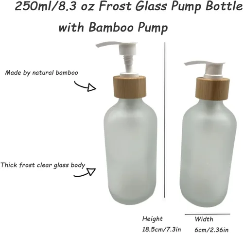 Vista 2 de 2 botellas de vidrio esmerilado rellenables vacías de 8.5 fl oz/8.3 onzas, contenedor de botellas de almacenamiento con cabezal de bomba de tornillo