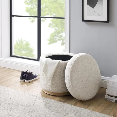 Vista 5 de Otomano Linon Home Décor con base de madera redonda y funda de sherpa color crema Lexington (AMZN2305)