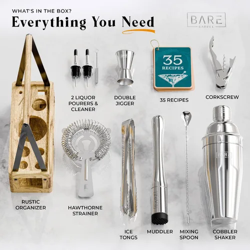 Vista 4 de BARE BARREL® Mixology Bartender Kit Bar Set Juego de coctelera de Martini Herramientas de mezcla de barware para el hogar Carrito portátil