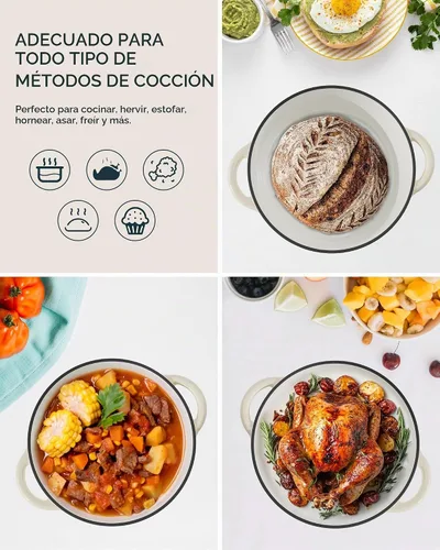 Vista 4 de Horno holandés de hierro fundido esmaltado, olla de 7.5 cuartos de galón con tapa y agarraderas de algodón, utensilios de cocina resistentes