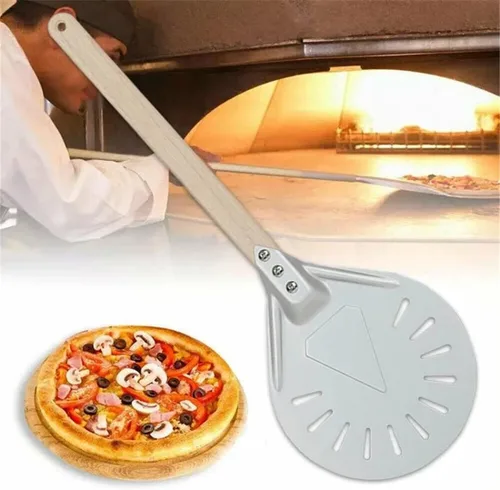 Vista 2 de Peeling redondo perforado para pizza, cáscara de pizza de aluminio con mango de madera desmontable de 15.7 pulgadas para pizza casera (8 pulgadas)
