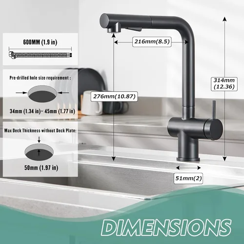 Vista 6 de CREA Grifo de cocina negro con rociador extraíble, grifo de barra de acero inoxidable de una sola manija para lavandería de granja, utilidad al aire