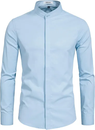 Vista 10 de Camisas de vestir con cuello mandarín para hombre, manga larga, estilo casual, elegantes y de un solo color Negro