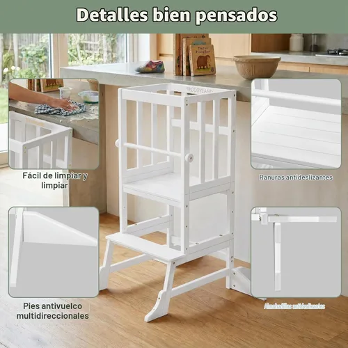 Vista 5 de COSYLAND Torre de pie para niños pequeños, taburete de cocina de altura Blanco