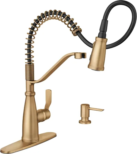Vista 6 de Moen Nolia Oro Bronce de Una Manija con Un Solo Orificio Grifo de Cocina de Resorte con Rociador Desplegable y Dispensador de Jabón, 87886BZG