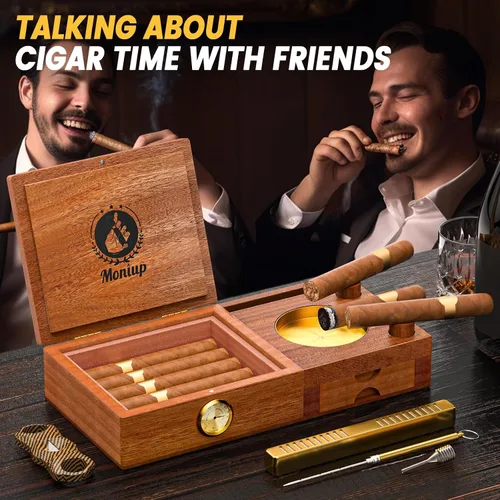 Vista 2 de Juego de humidor y cenicero con forro de madera de cedro, con cortador de puros, higrómetro, humidificador, potenciador de dibujo, bandeja de whisky