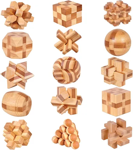 Vista 10 de VolksRose 12 piezas de rompecabezas de madera para ejercitar el cerebro, juegos de rompecabezas de desafío de coeficiente intelectual, juguete