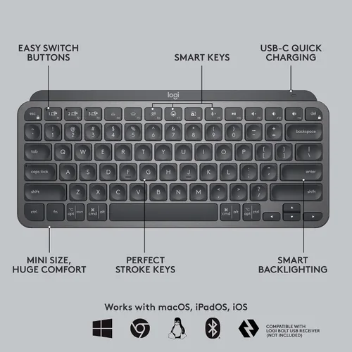 Vista 5 de Logitech MX Keys - Mini teclado y mouse ergonómico vertical - Inalámbrico, teclas retroiluminadas, Bluetooth o Logi Bolt receptor USB, silencioso