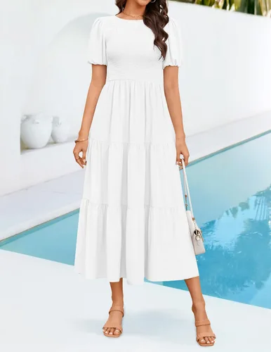 Vista 8 de ZESICA Vestido midi casual de verano para mujer, cuello redondo, manga corta abombada, cintura alta, volantes, escalonado, acampanado, para mujer