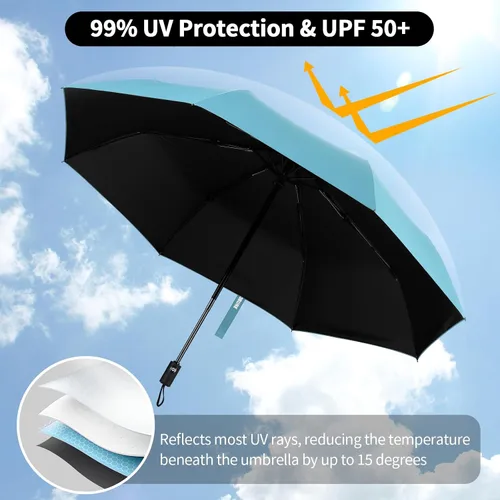 Vista 5 de Yoobure Mini paraguas pequeño con estuche ligero diseño compacto perfecto para viajes, ligero y portátil, sombrilla para sol y lluvia al aire libre