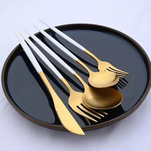Vista 2 de Juego de cubiertos de oro mate y blanco, 5 piezas, juego de vajilla de acero inoxidable 18/10, servicio para 1, juego de utensilios de cocina, juego