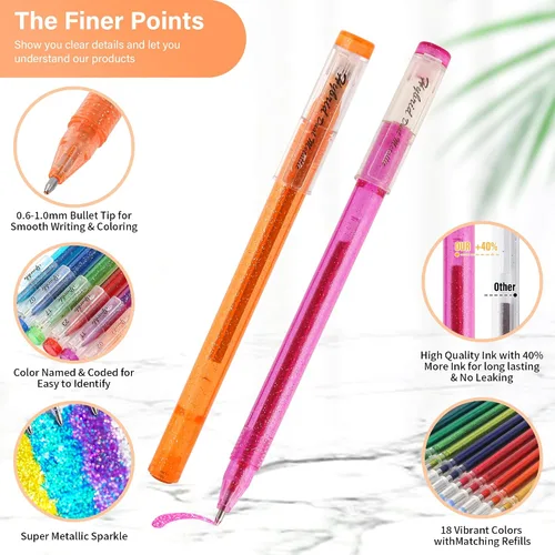 Vista 3 de ZSCM - Juego de 36 bolígrafos de gel con purpurina metálica, 18 colores brillantes con 18 recambios de bolígrafos de purpurina en bolsa de lona