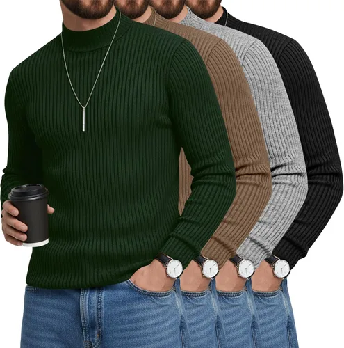 Vista 13 de Paquete de 4 Camisetas de Cuello Alto Simulado para Hombre de Algodón de Punto Acanalado de Manga Larga Pullover Ajustado Casual Suéteres Básicas