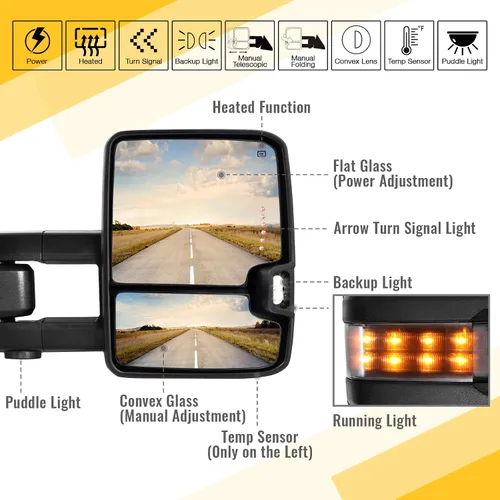 Vista 3 de Espejos de remolque para Dodge Ram 1500 2009-2018, Ram 2500 3500 2010-2018, Dodge 1500 Classic 2019-2024 con función de vidrio eléctrico