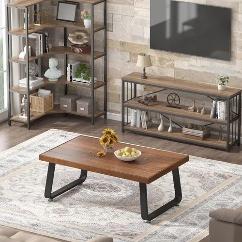 Vista 8 de IBF Mesa de centro rústica, mesa de té de madera maciza industrial, mesa de centro de madera real, mesa de café rectangular moderna y minimalista