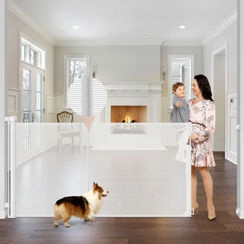 Vista 17 de Puerta Reforzada para Mascotas Extra Alta de 42" y Puerta Retráctil para Bebés de 55" de Ancho con Varillas de Soporte - Puerta Retráctil para Negro