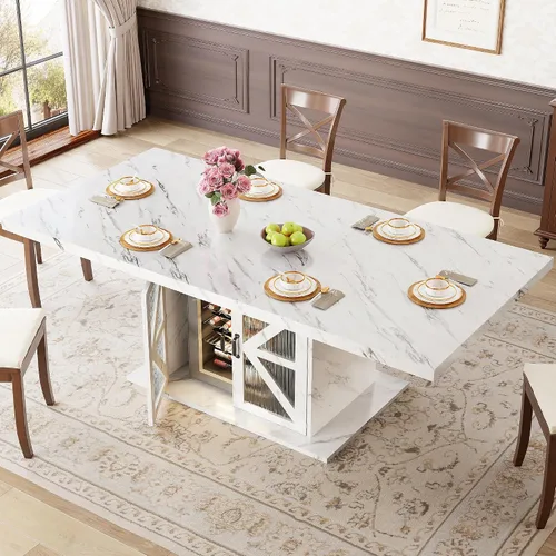 Vista 9 de LVB Mesa de comedor para 4-6, moderna mesa de comedor de madera, mesa de cocina rectangular de granja con espacio de almacenamiento y refrigerador