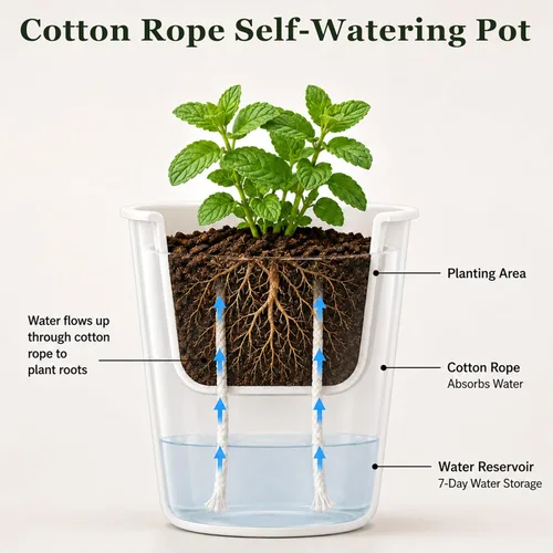 Vista 4 de Macetas de riego automático de 3 pulgadas, 10 juegos de macetas para plantas de interior con indicador de nivel de agua y múltiples rejillas