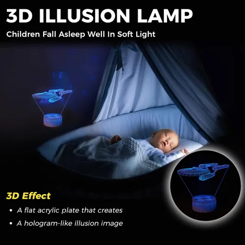 Vista 2 de Smalody Luces Nocturnas 3D Ilusión Óptica Multicolor con Control Táctil, Lámpara de Escritorio en Forma de Barco, Lámpara de Noche para Cama