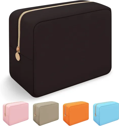 Vista 29 de Iqimott Bolsa Grande de Maquillaje de Nylon, Neceser de Viaje, Bolsa Grande de Cosméticos Preppy, Organizador de Maquillaje de Nylon, Bolsa de Beige