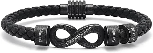 Vista 10 de Pulsera personalizada para hombre con cuentas de nombre personalizadas, pulsera de cuero trenzado personalizada grabada con 2-6 nombres
