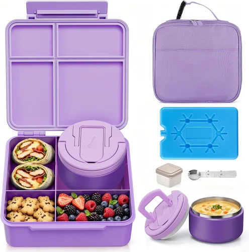 Vista 9 de MAXSO Set de Lonchera Bento con Termo para Sopa de 8 oz, Envase para Alimentos Calientes con 4 Compartimentos a Prueba de Fugas para Niños con Taza